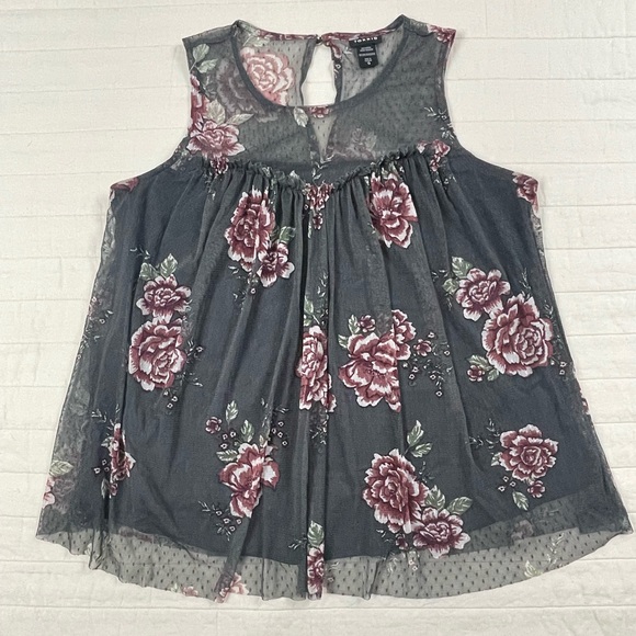 Torrid Floral Gray Sleeveless Mesh Overlay Romantic Blouse Size 0 - Picture 3 of 12
